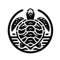 Stylized, symmetrical black and white turtle illustration, featuring a textured shell enclosed within a circular frame, against a white background. vector