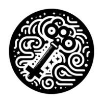 Black and white circular emblem with key motif, swirling lines, stars, dots, minimalist , and ornate style. vector