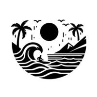 Minimalist black and white circular illustration depicting a surfer riding a wave at a beach with palm trees, mountains, the sun, and birds. vector