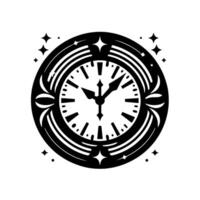 Elegant black and white of a stylized clock face encircled by decorative elements and sparkling stars. vector