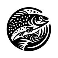 Illustration Two fish in a black and white circular , minimalist art style, aquatic theme. vector