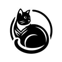 A sleek, minimalist black cat , curled within a bold circular frame, gazing serenely on a plain white background. vector