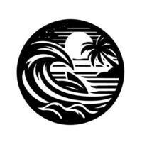 Black and white circular silhouette depicting a surfer riding a wave in a tropical scene with a palm tree, sun, and ocean, evoking a sense of serenity. vector