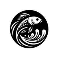 Elegant Black and White Koi Fish Within a Circle, Depicting Movement and Water Elements. vector