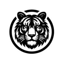 Striking Black and White Tiger Head Portrait Within a Circular Frame, Featuring Bold Lines and a Powerful Stare. vector