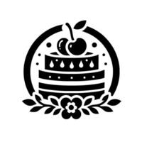 Monochromatic Illustration of a Layered Cake Adorned with Cherries and Floral Accents within a Circular Frame. vector