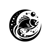 A sleek black and white fish illustration, surrounded by a semicircular of bubbles and starry patterns, evoking underwater serenity. vector