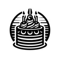 Monochromatic Illustration of a Striped Birthday Cake with Three Candles, Set Inside a Circular Frame. vector