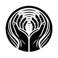 Symbolic of Interlocking Hands Enclosing Abstract Curves within a Black Circle, Representing Protection and Nurturing. vector
