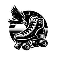 Silhouette of a roller skate with an eagle soaring above a celestial backdrop of a crescent moon, stars, and horizon lines, in black and white. vector