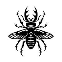 Black and white symmetrical illustration of a stag beetle, showcasing its prominent mandibles, wings, and intricate details, set against a white background. vector