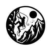 Silhouette of a Rock Climber Scaling a Mountain within a Circle, with Sun, Birds, and Rugged Peaks. vector