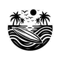 Circular Black and White Silhouette Surfing Paradise with Palms, Waves, Surfboard, Sun, Birds, and an Ocean Scene, on a White Background. vector