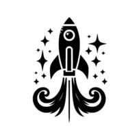 Monochromatic Silhouette of a Retro Rocket Ship Ascending Through a Starlit Cosmos, Evoking Space Travel and Exploration. vector