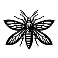 Stylized Black and White Illustration of a Bee with Intricate Wing Patterns, Set Against a Blank Canvas, Minimalism. vector
