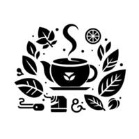 Stylized black and white illustration of a steaming teapot surrounded by leafy botanicals, lemon, and other tearelated elements, creating a calming, minimalist composition. vector