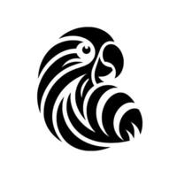Black and White Stylized Parrot Head in a Circular Formation, Featuring Bold Lines and Smooth Curves Against White Background. vector