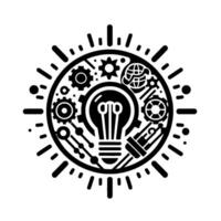 Black and white of a lightbulb surrounded by cogs, a globe, and circuit elements, representing innovation and technology. vector