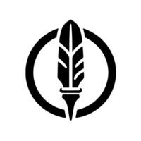 Bold Black Feather Inside Circle on a White Background, Symbolizing Ink or Writing. vector