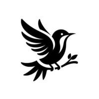 Simple and Elegant Black Bird Silhouette with Outstretched Wings Perched on a Branch, on White Background. vector