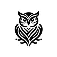 Stylized monochrome owl with intricate feather patterns, embodying wisdom and elegance against a plain white background. vector