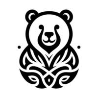 A symmetrical, stylized black and white bear with decorative triballike patterns, evoking a sense of nature and minimalist on a bright white backdrop. vector