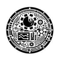 Circular schematic illustration featuring intricate circuit board elements, cogs, chemical structures, and display waveforms. vector