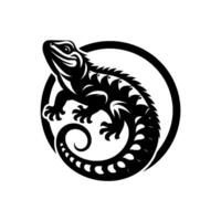 A stylized black and white illustration featuring a lizard within a circular frame, showcasing intricate pattern and details. vector