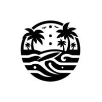 Black and white circular featuring a tropical beach scene with palm trees, waves, and surfboard, evoking a sense of serenity. vector