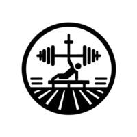 Black and white illustrating weightlifter bench pressing a barbell with a crossshaped center, enclosed in a circular frame. vector