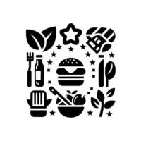 Minimalist Black and White Food Iconography A Composition of Culinary Elements, Emphasizing Fresh Produce and Balanced Dietary Options. vector