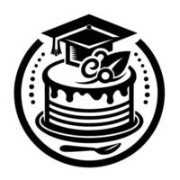 Black and White Graduation Cake A stylized layered cake adorned with a graduation cap, decorative swirls and leaf, all within a circle. vector