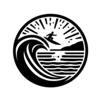 Silhouetted Surfer Riding a Wave, Ocean Scene, and a Circular Emblem Featuring a Coastal Silhouette. vector
