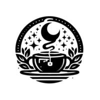 Serene Nighttime Tea A Black and White Emblem of a Teacup, Crescent Moon, Stars, and Foliage Within an Arched Frame. vector