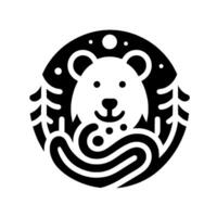 Minimalist Black and White Circular Featuring a Smiling Polar Bear Amidst Snowfall and Trees, Evoking Serenity. vector