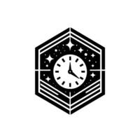 Black and White Hexagon Featuring a Clock Face within a Starry Night Setting, Abstract . vector