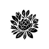Black and white minimalist floral featuring a central bloom and surrounding leaves, creating a symmetrical and decorative pattern. vector