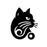 Sleek Black Cat Silhouette with Decorative Swirls and Whiskers on a Pristine White Background, Minimalist vector