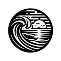 Black and white circular minimalist artwork of ocean waves, a sunset, and birds, with a cutpaper aesthetic. vector