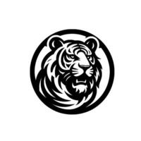 A bold, minimalist black and white illustration featuring a tigers head within a circular frame, conveying strength. vector