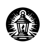 Illuminated Lantern with Fiery Flame, Radiating Light within a Circular Black and White , a Symbol of Guidance. vector