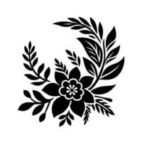 Artistic Black and White Floral A stylized flower with surrounding leaves and branches arranged in a semicircular, decorative composition on white background. vector