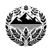 Black and White Circular Mountains over Water, Surrounded by Laurel Wreath and Nature Elements, Geometric . vector