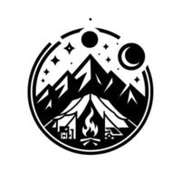 Black and white circular camping emblem with mountains, tent, campfire, moon, stars, and a minimalist , evoking outdoor adventure. vector