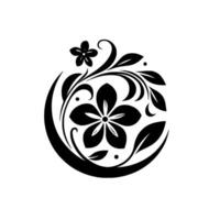 Symmetrical, bold black and white floral featuring two flowers, curling vines, and leaf elements, arranged within a semicircular frame. vector