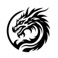 Stylized Dragon Crest A Fierce Black and White Emblem Depicting a Dragon Head Within a Circular Frame, Showcasing Intricate Detail. vector