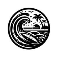 Black and White Circular Illustration of a Surfing Wave Crashing Over a Surfboard Near a Tropical Island with Palm Trees, Sunset and Birds. vector