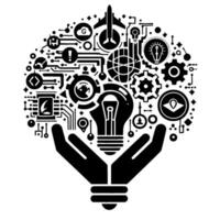 Symbolic representation of innovation, technology, and ideas, held in protective hands, featuring interconnected elements. vector