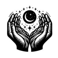 Engraved hands cradling a celestial sphere with a crescent moon, surrounded by stars and dots on a white background. vector