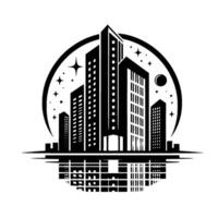Silhouette of a modern cityscape, featuring highrise buildings, celestial bodies, and a symmetrical reflection, all within a circular frame. vector